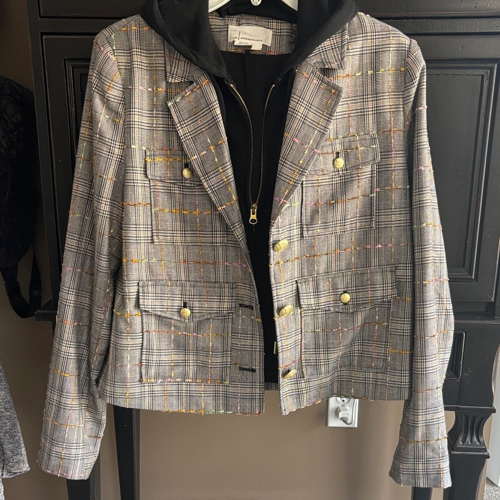 Anthropologie Plaid Blazer Jacket with Gold Buttons